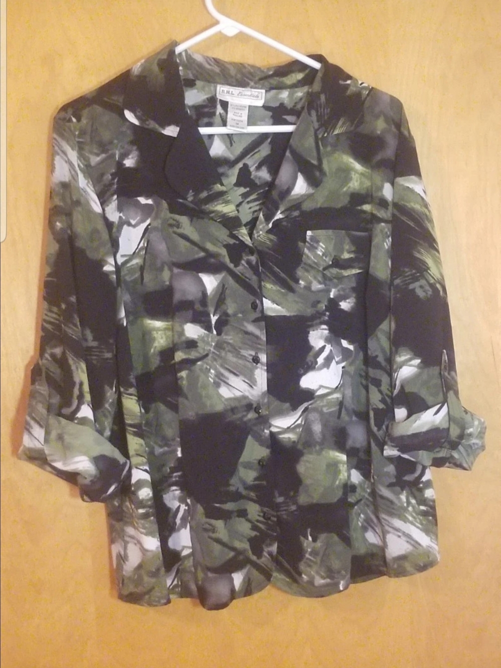RHL Essentials Olive Green Abstract Print Button-Front Blouse Women's 1Xl